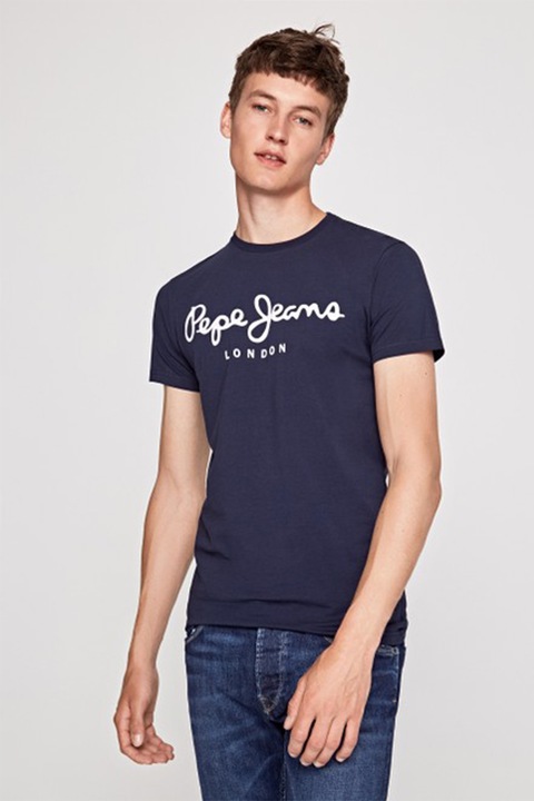 Pepe Jeans London, Original szűk fazonú póló nagyméretű logómintával, Fehér/Tengerészkék