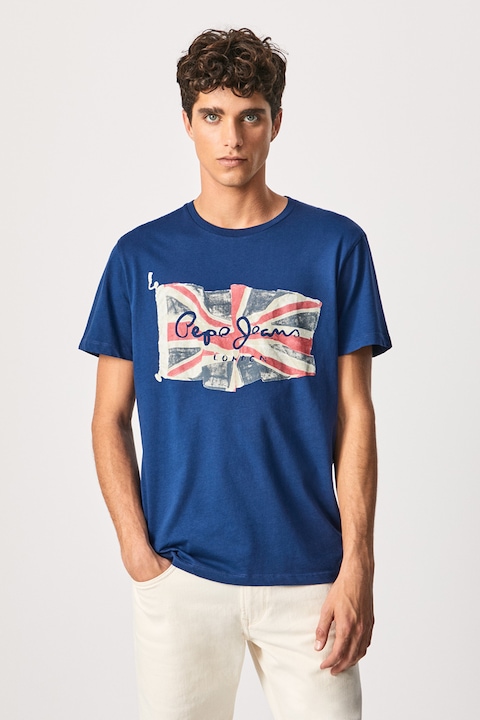 Pepe Jeans London, Flag logómintás pamutpóló, Tengerészkék