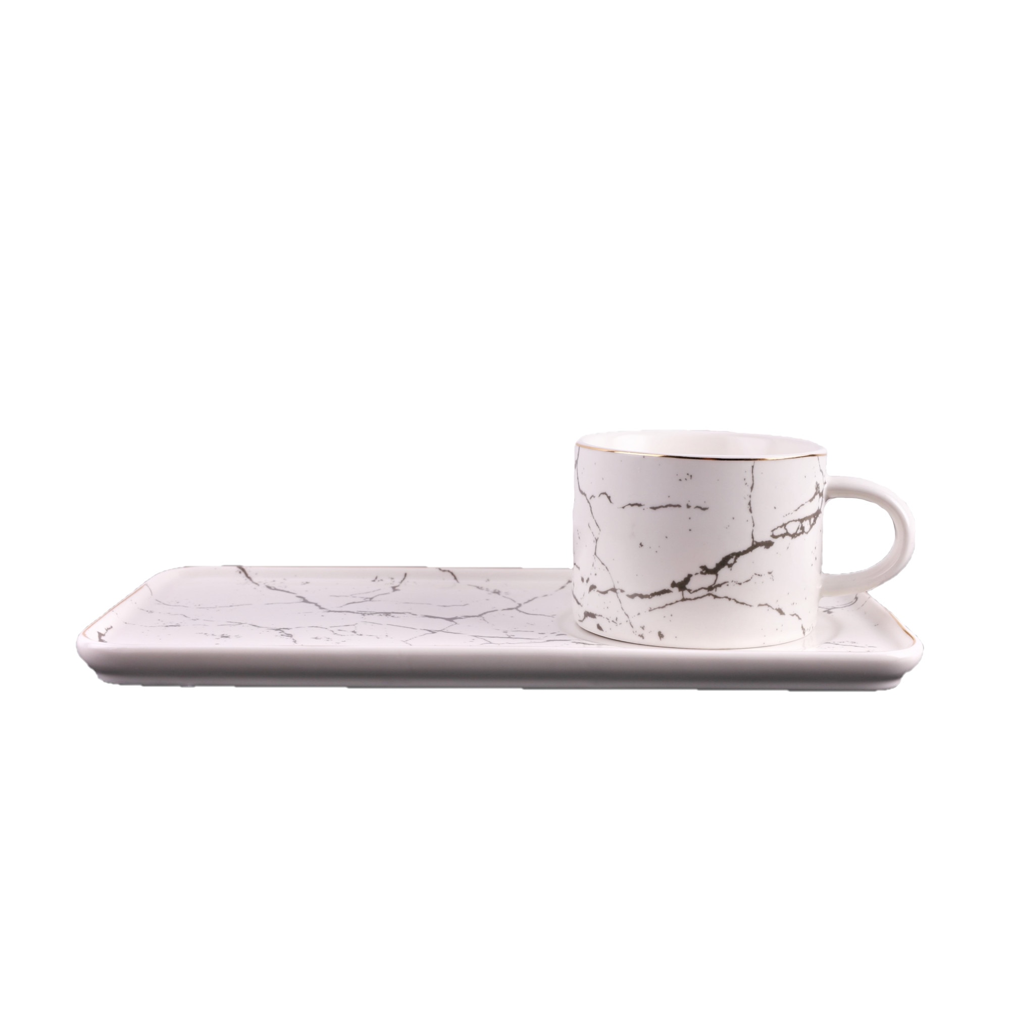 Set de 2 cesti cu 2 farfurioare, Intim, 180ml, imprimeu marmurat, alb cu argintiu