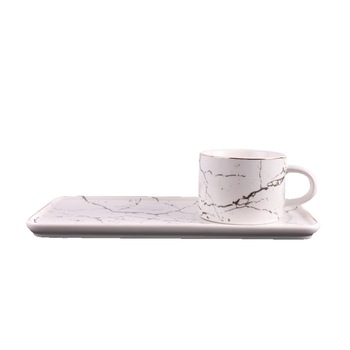 Set de 6 cesti cu 6 platouri, design unicat, imprimeu marmorat, alb cu argintiu,180 ml Set de 6 cesti cu 6 platouri, design unicat, imprimeu marmorat, alb cu argintiu,180 ml