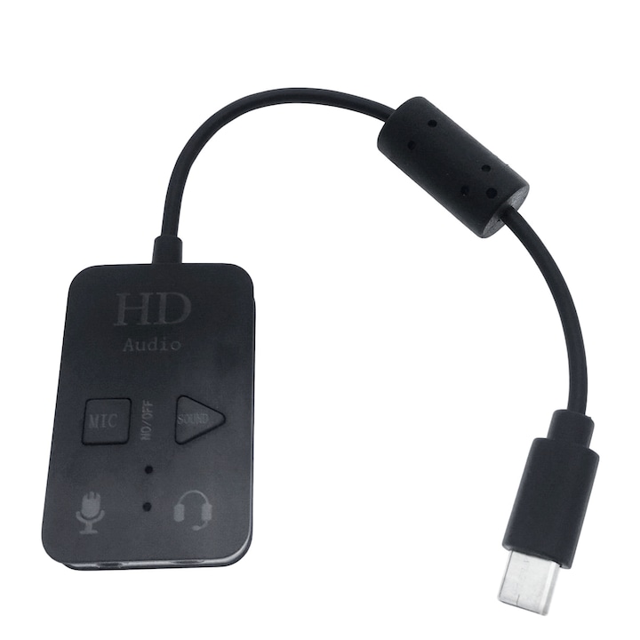 USB Type C звукова карта, Virtual 7.1 Channel, с 2 x Jack 3.5mm женски изход, бутони за управление, LED индикатори, черен