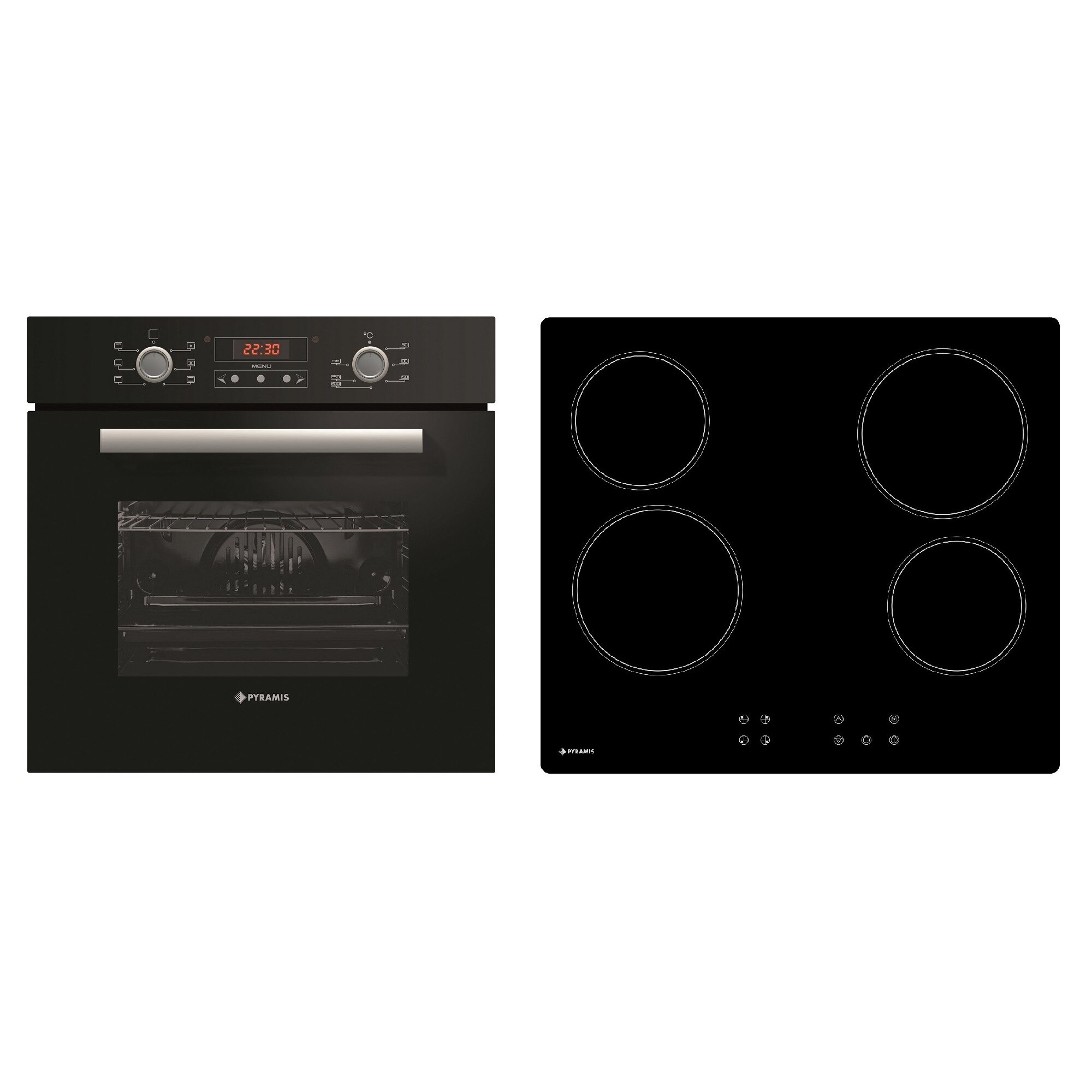 Pachet cuptor electric si plita Pyramis 302040CERA, 6 functii, clasa A, volum 62 litri si plita vitroceramica