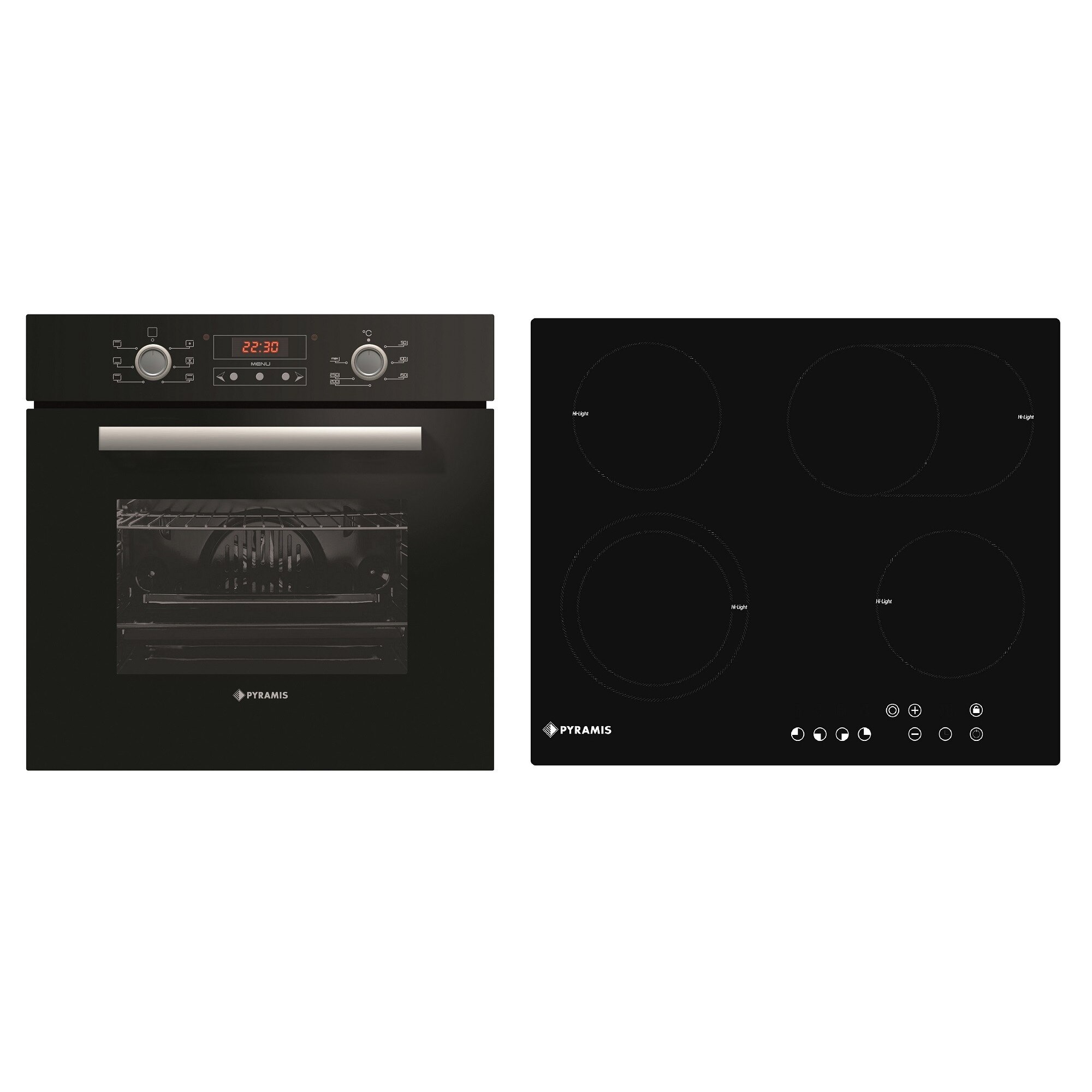Pachet cuptor electric si plita Pyramis 3020810, 6 functii, clasa A, volum 62 litri si plita vitroceramica zona extinsa