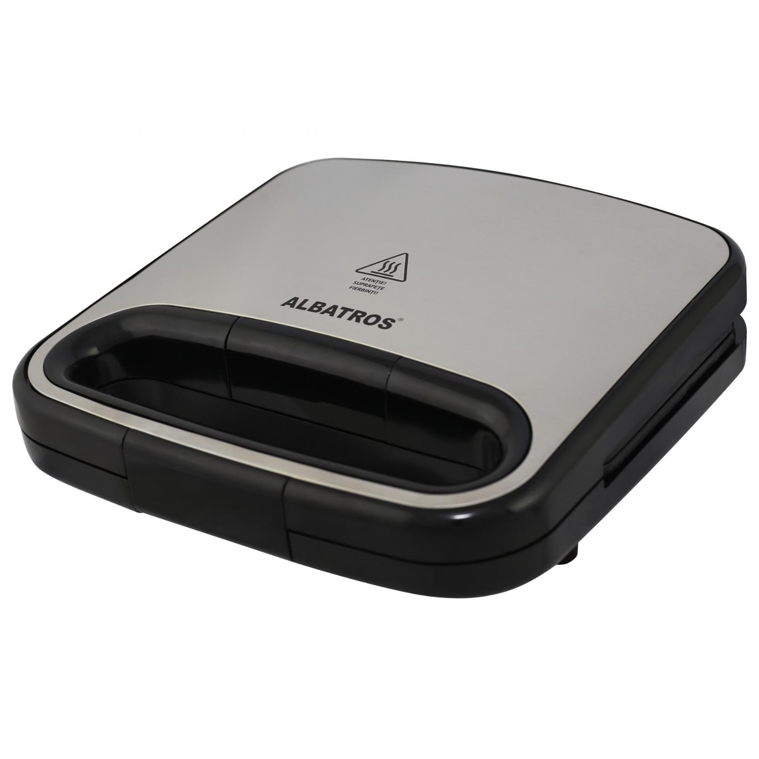 Sandwich maker, carcasa termoizolanta din plastic si inox, maner termorezistent, 750 W, sistem de blocare, negru si argintiu