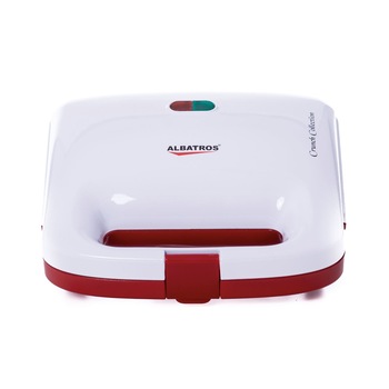 Sandwich maker, 750 W, placi neaderente tip grill, maner termorezistent, alb si rosu Sandwich maker, 750 W, placi neaderente tip grill, maner termorezistent, alb si rosu