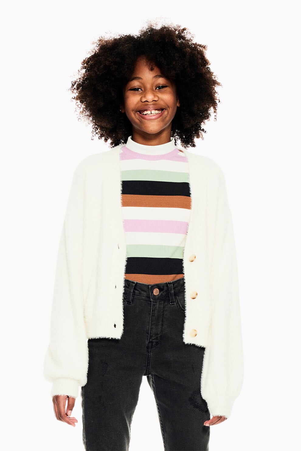 Garcia, Cardigan pufos cu decolteu in V, Alb prafuit