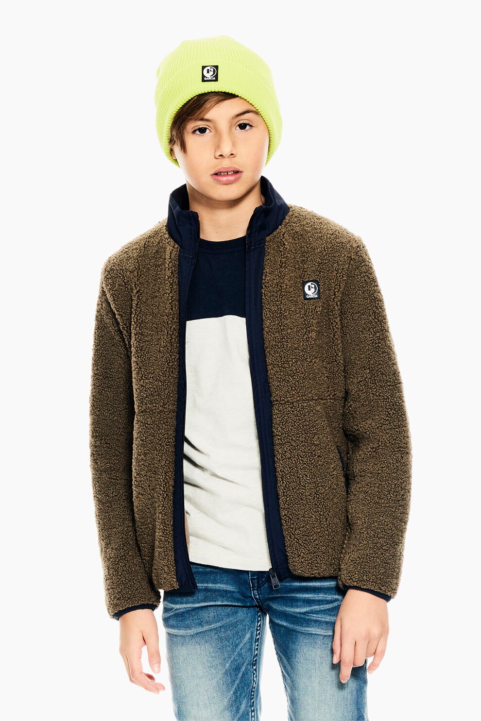 Garcia, Jacheta din teddy cu fermoar, Verde sparanghel/Bleumarin