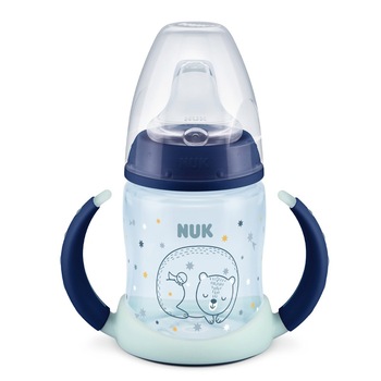 Biberon cu cioc si manere 150 ml Nuk First Choice Night 215326, Albastru 6-18 luni Biberon cu cioc si manere 150 ml Nuk First Choice Night 215326, Albastru 6-18 luni