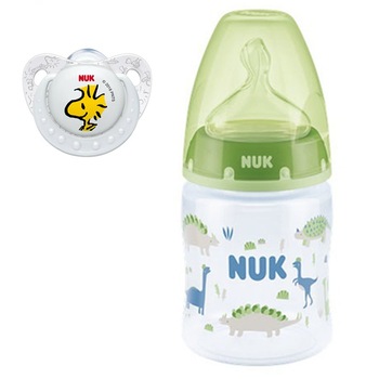 Set 2 piese biberon cu tetina din silicon 150 ml si suzeta Nuk First Choice 743735V, Verde 0-6 luni Set 2 piese biberon cu tetina din silicon 150 ml si suzeta Nuk First Choice 743735V, Verde 0-6 luni