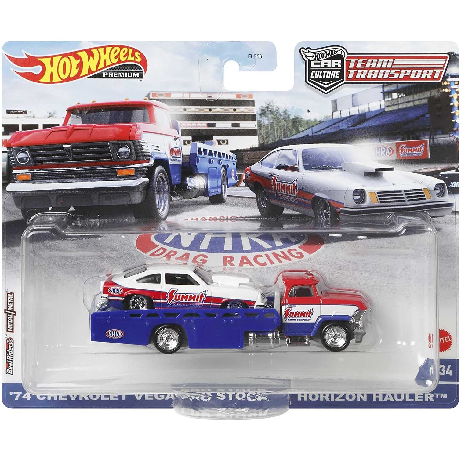 Set masinute Hot Wheels Car Culture - Team transport, Horizon Hauler cu masinuta Chevrolet Vegas Stock '74, 1:64