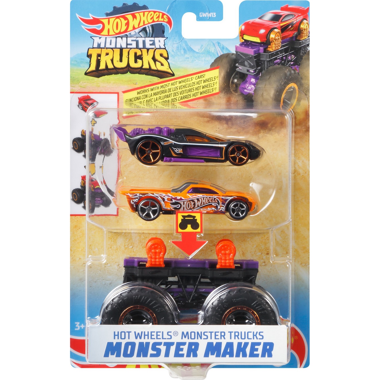 Set 2 masinute Hot Wheels Monster Trucks - Monster Maker, mov si portocaliu