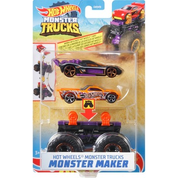 Set 2 masinute Hot Wheels Monster Trucks - Monster Maker, mov si portocaliu Set 2 masinute Hot Wheels Monster Trucks - Monster Maker, mov si portocaliu