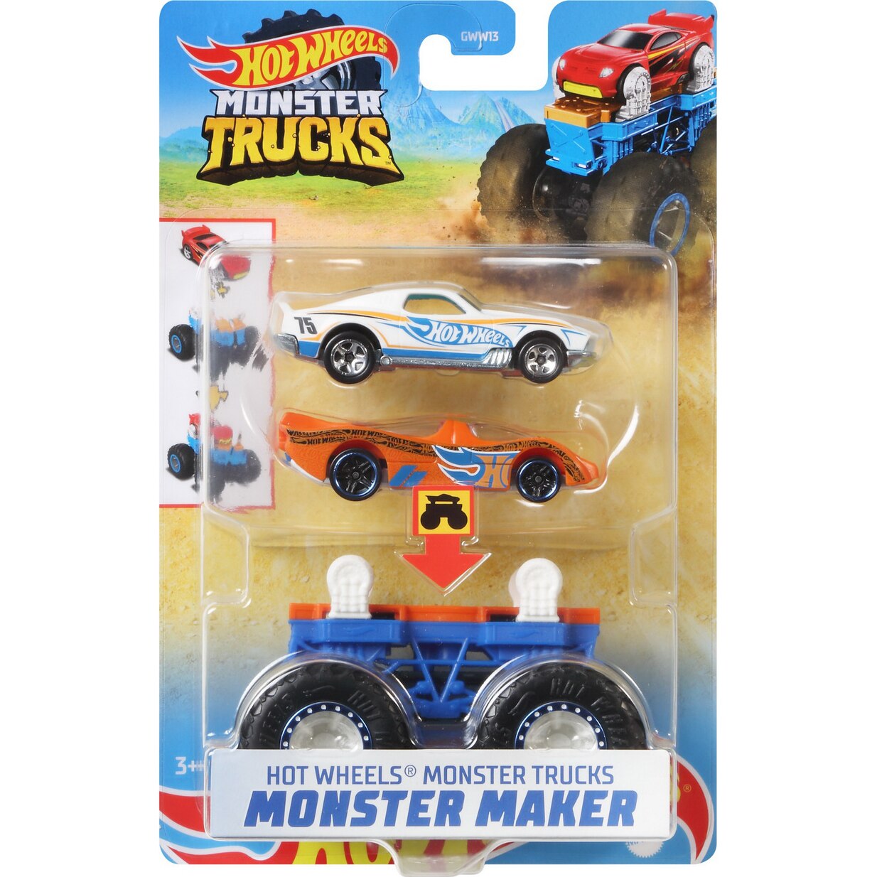 Set 2 masinute Hot Wheels Monster Trucks - Monster Maker, alb si portocaliu