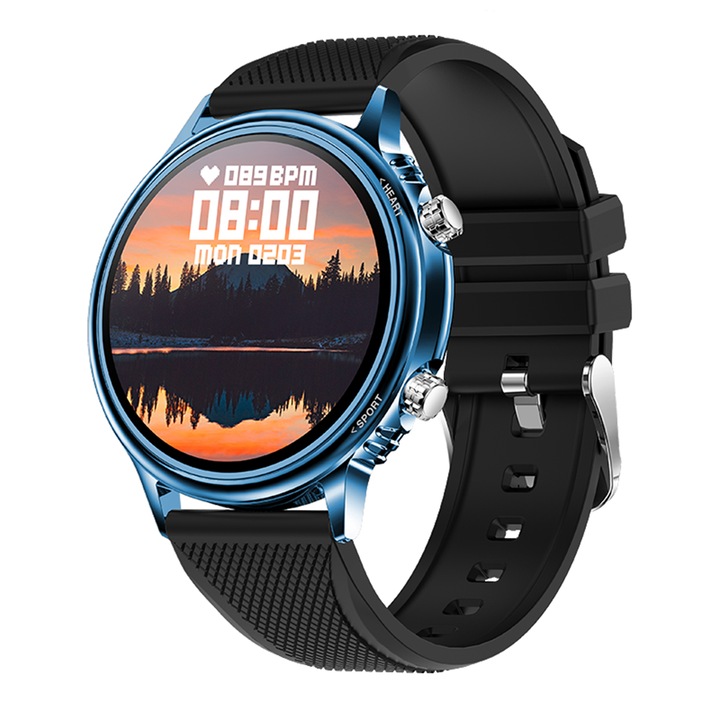 Ceas smartwatch elegant Y3, ecran HD de 1,88 inch, sistem multilingv, suport apeluri Bluetooth, monitorizare pedometru, ritm cardiac, somn si SpO2, rezistenta la apa IPX5, mod sport, notificari inteligente, player muzical, negru