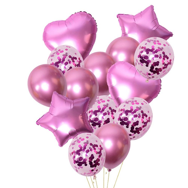 Set 14 baloane aniversare cu confetti, culoare roz, 45 cm, It's Party Time