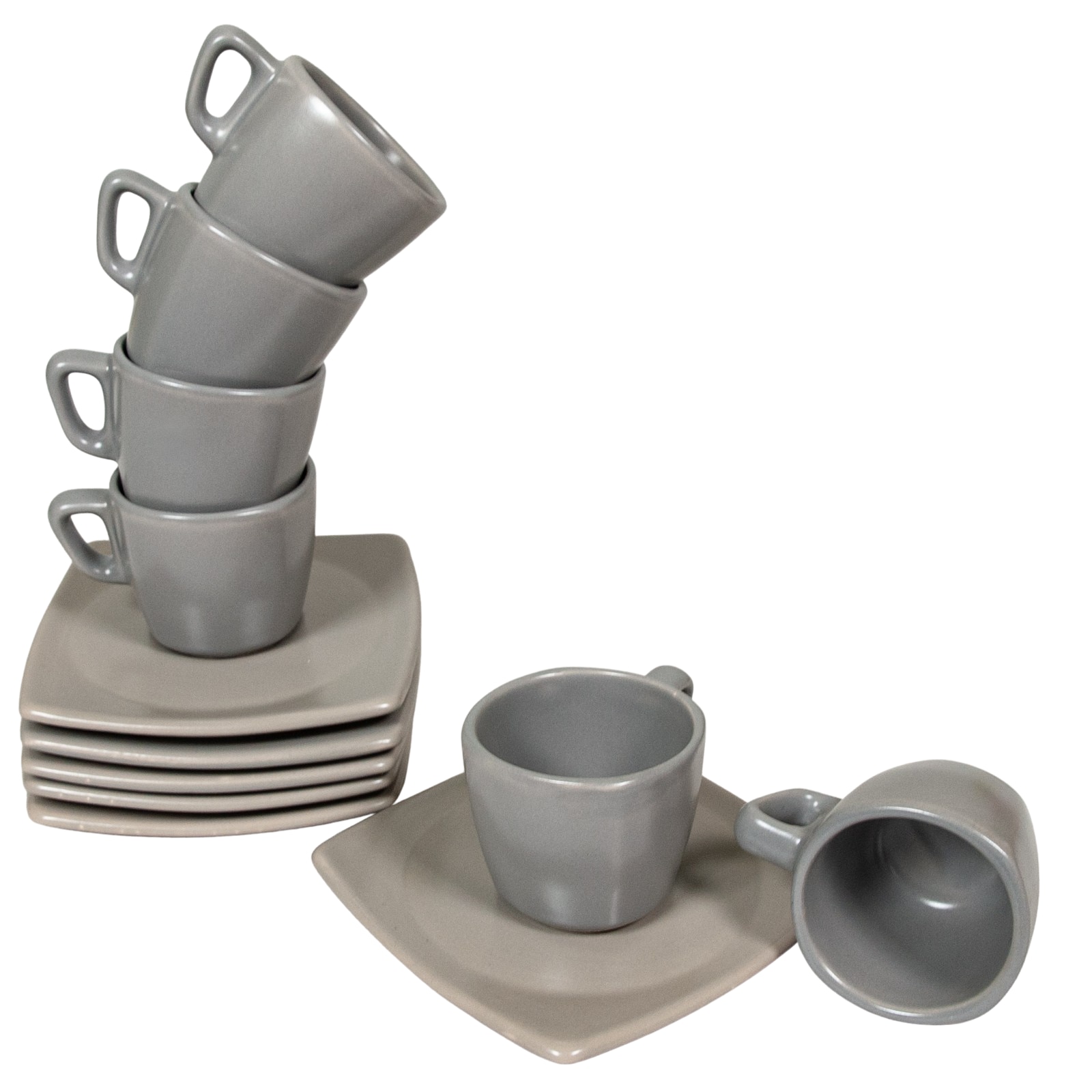 Set 6 cesti cu farfurie pentru expresso, Cesiro, 80 ml, Gri Argintiu Mat