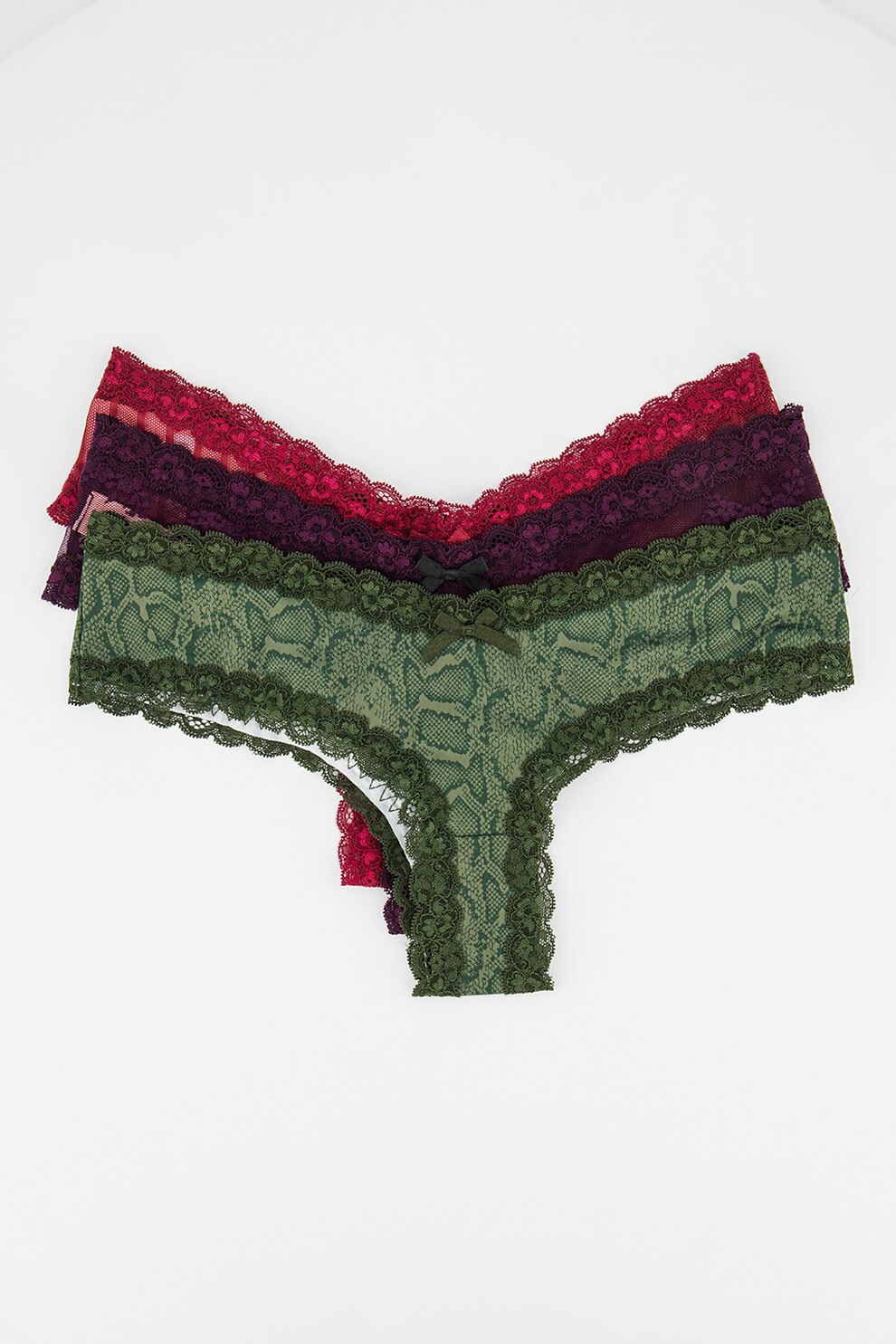 Hunkemoller, Set de chiloti brazilieni de dantela - 3 perechi, Rosu/Purpuriu/Verde
