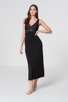 Hunkemoller, Camasa de noapte cu decolteu in V si insertii de dantela Nora, Negru Hunkemoller, Camasa de noapte cu decolteu in V si insertii de dantela Nora, Negru