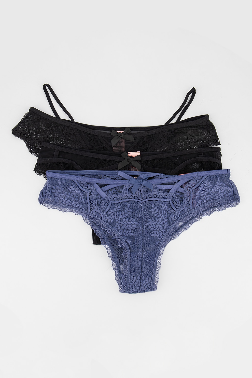 Hunkemoller, Set de chiloti de dantela Anna - 3 perechi, Negru/Albastru prafuit