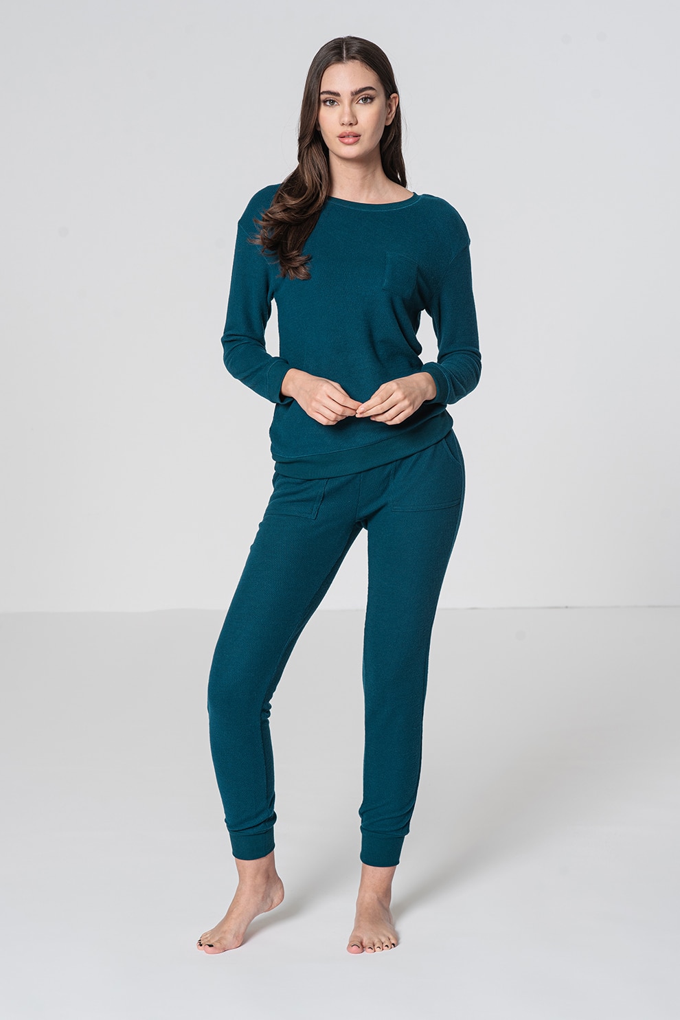 Hunkemoller, Pijama cu decolteu rotund si buzunar pe piept, Verde englez