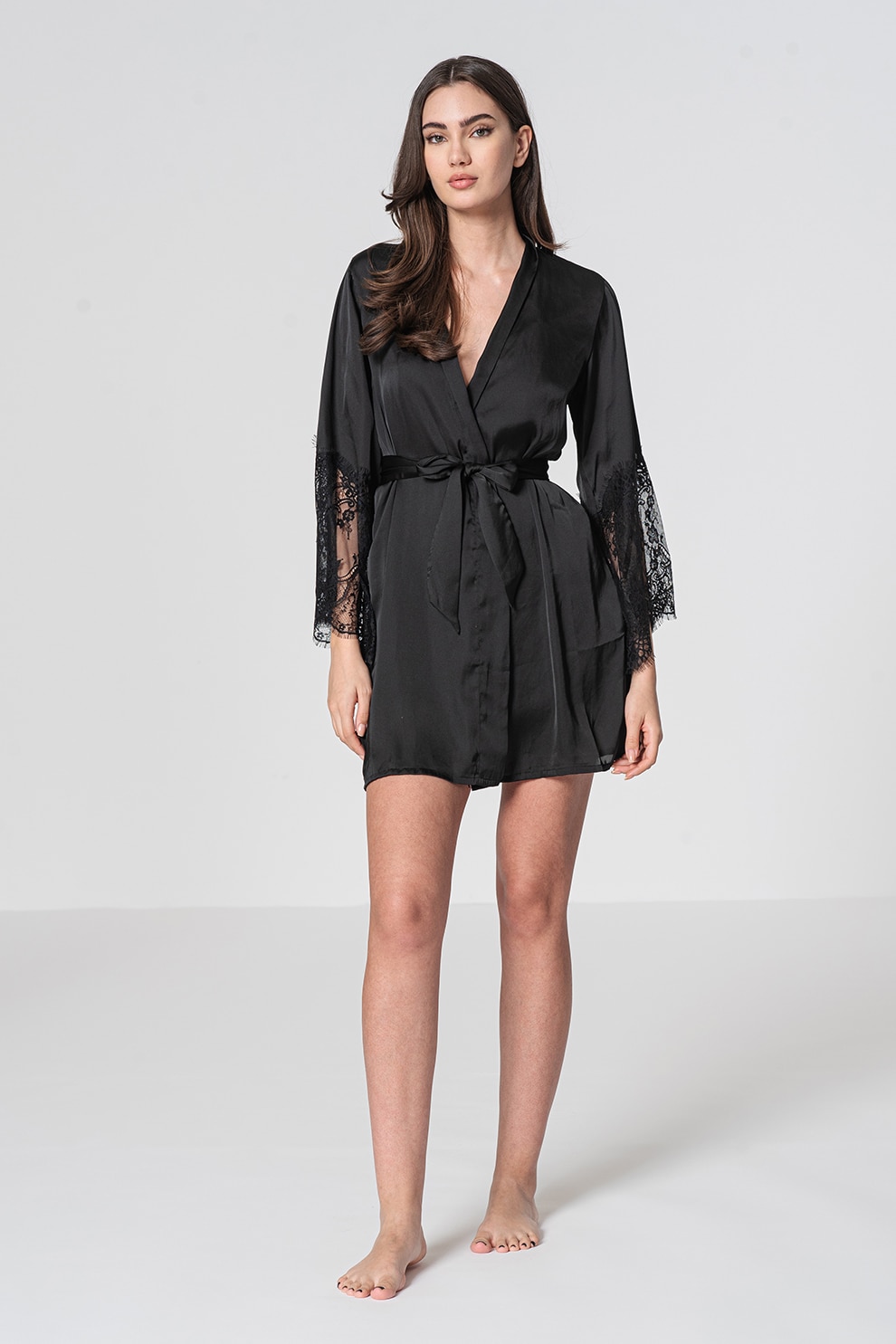 Hunkemoller, Halat de satin cu insertii de dantela, Negru