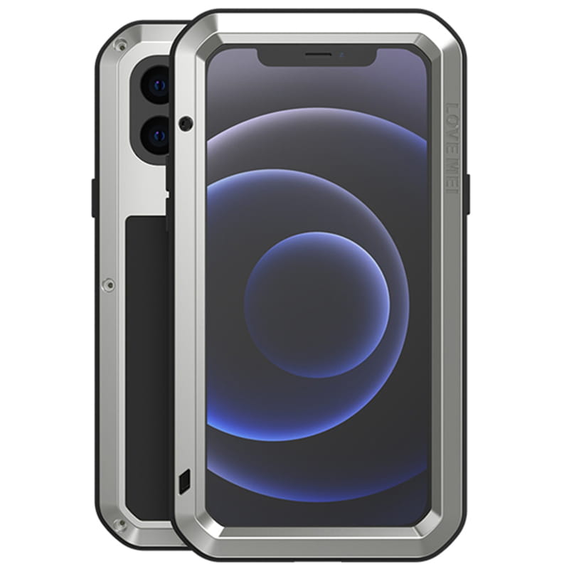 Set husa si sticla Love Mei, Compatibil cu iPhone 12 Mini, Gri/Negru