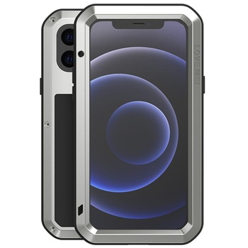 Set husa si sticla Love Mei, Compatibil cu iPhone 12 Mini, Gri/Negru Set husa si sticla Love Mei, Compatibil cu iPhone 12 Mini, Gri/Negru