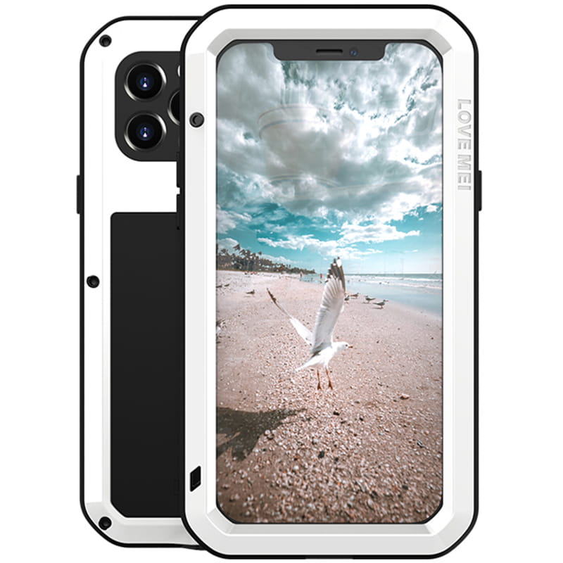 Set husa si sticla Love Mei, Compatibil cu iPhone 12 Pro, Alb/Negru