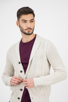 GAP, Cardigan cu model torsade si guler tip sal, Gri melange GAP, Cardigan cu model torsade si guler tip sal, Gri melange