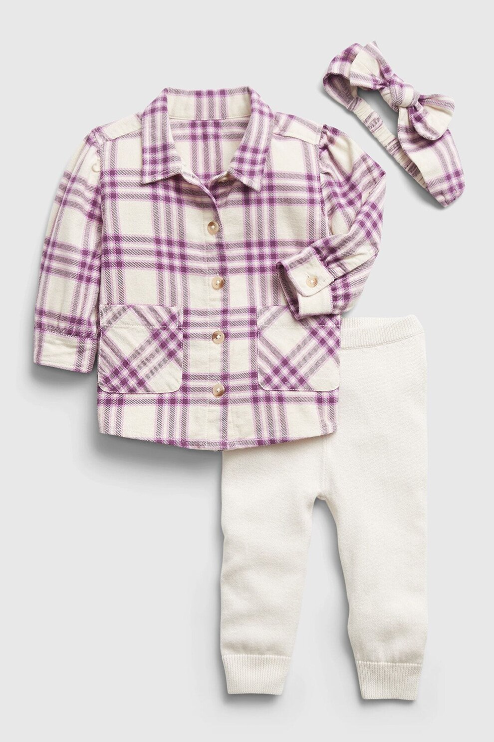 GAP, Set de imbracaminte de bumbac cu model in carouri - 3 piese, alb prafuit, violet ametist