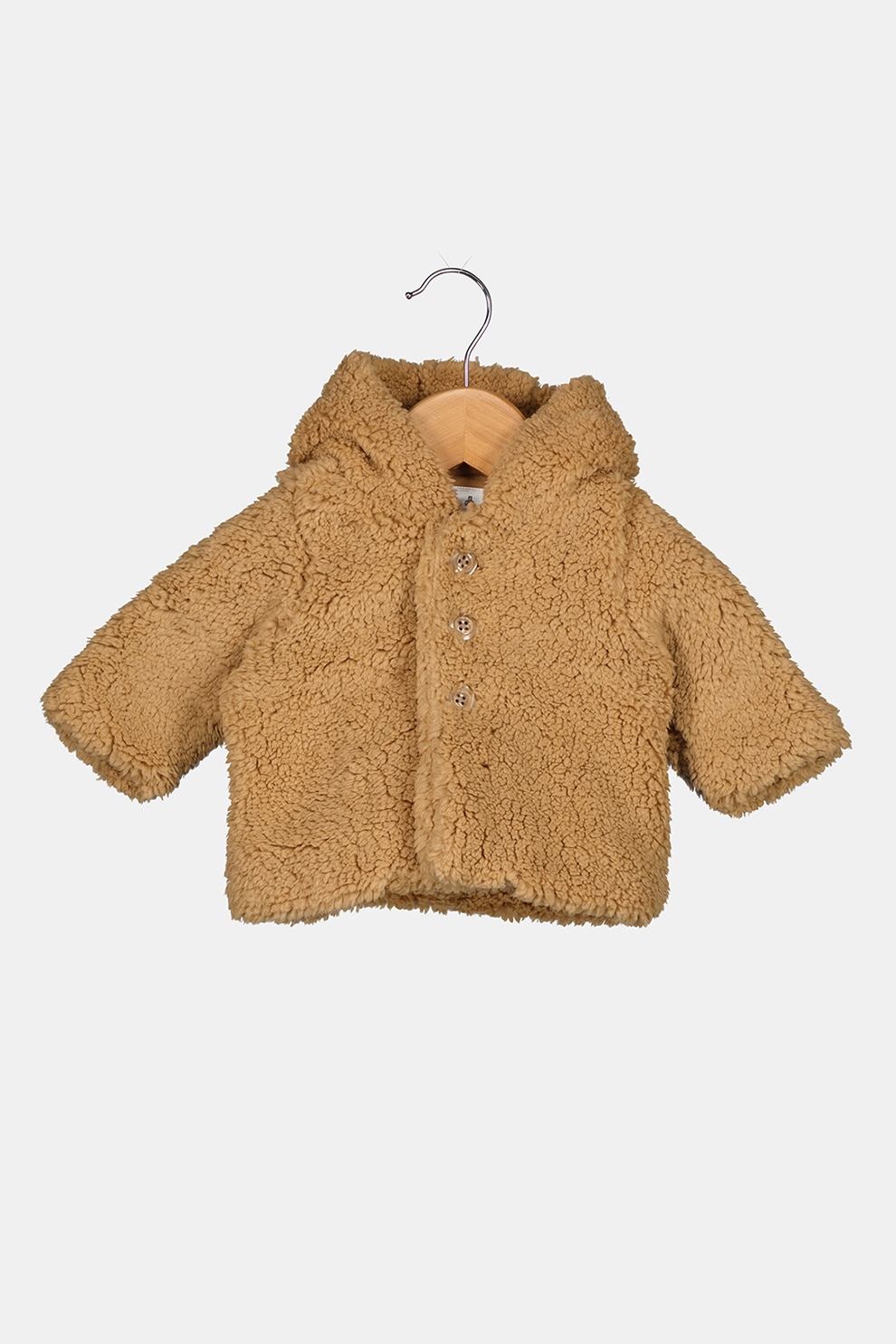 GAP, Palton din material teddy cu nasturi si model cu urechi, Maro camel