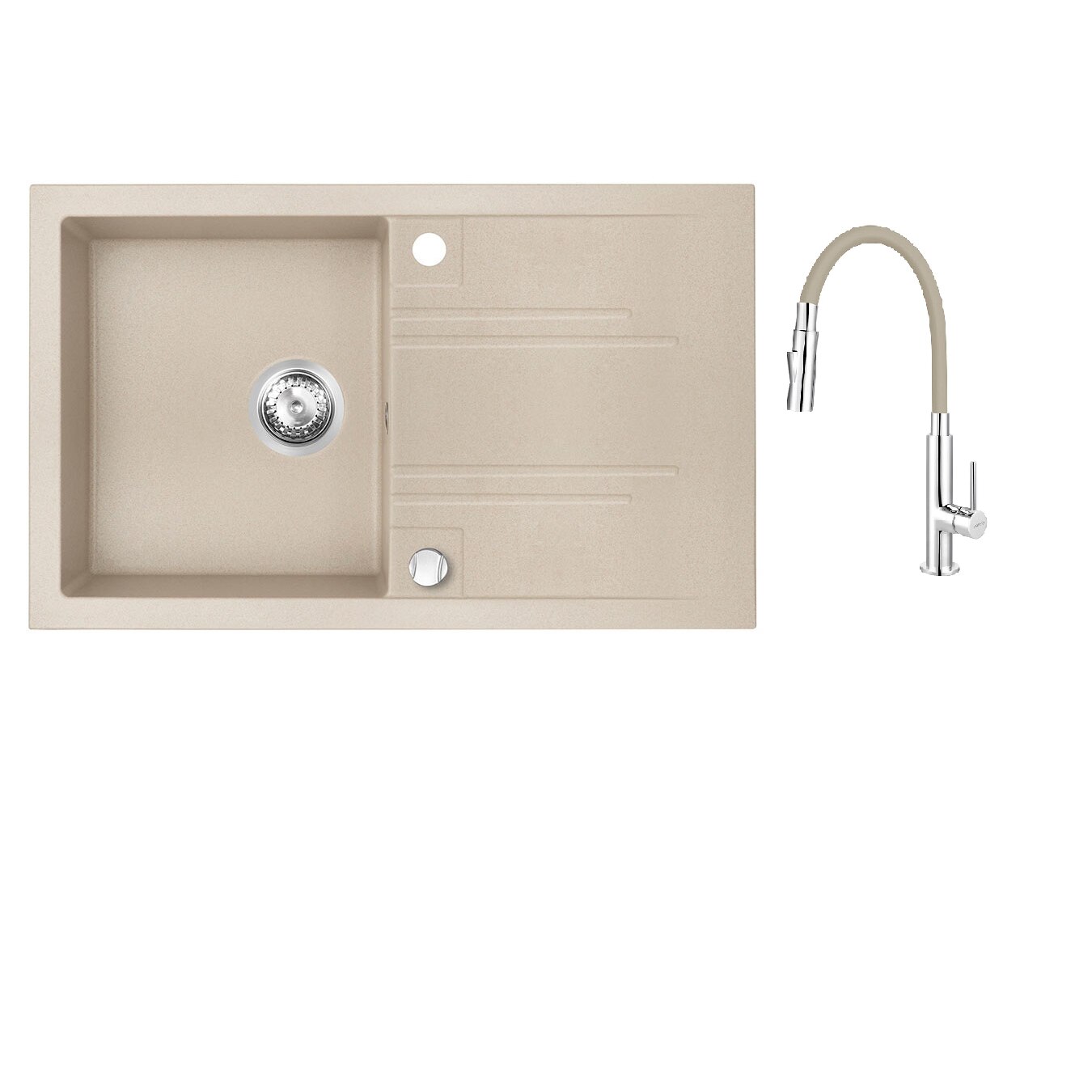 Pachet 2in1 Chiuveta cu o cuva si picurator 78x48 cm nisip, Zumba Slim 2F - baterie stativa bucatarie cu pipa flexibila, bej-argintiu