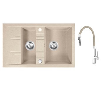 Pachet 2in1 Chiuveta bucatarie dubla Ferro granit 79x48 cm, nisip, Zumba Slim 2F - baterie stativa bucatarie cu pipa flexibila, bej-argintiu Pachet 2in1 Chiuveta bucatarie dubla Ferro granit 79x48 cm, nisip, Zumba Slim 2F - baterie stativa bucatarie cu pipa flexibila, bej-argintiu
