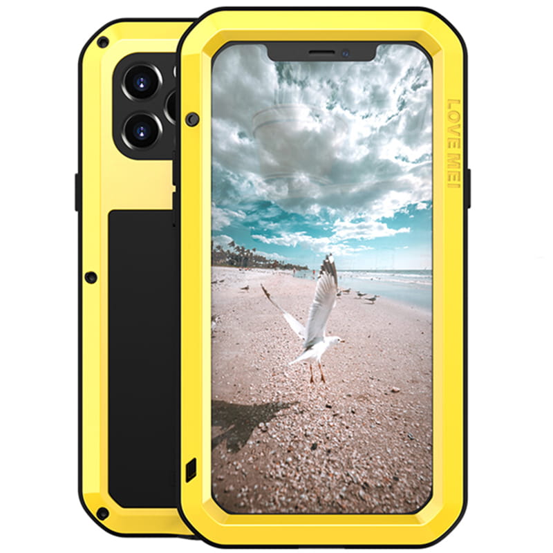 Set husa si sticla Love Mei, Compatibil cu iPhone 12 Pro, Galben