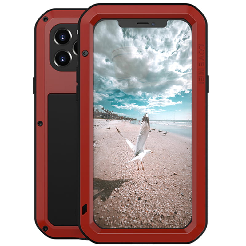 Set husa si sticla Love Mei, Compatibil cu iPhone 12 Pro, Rosu