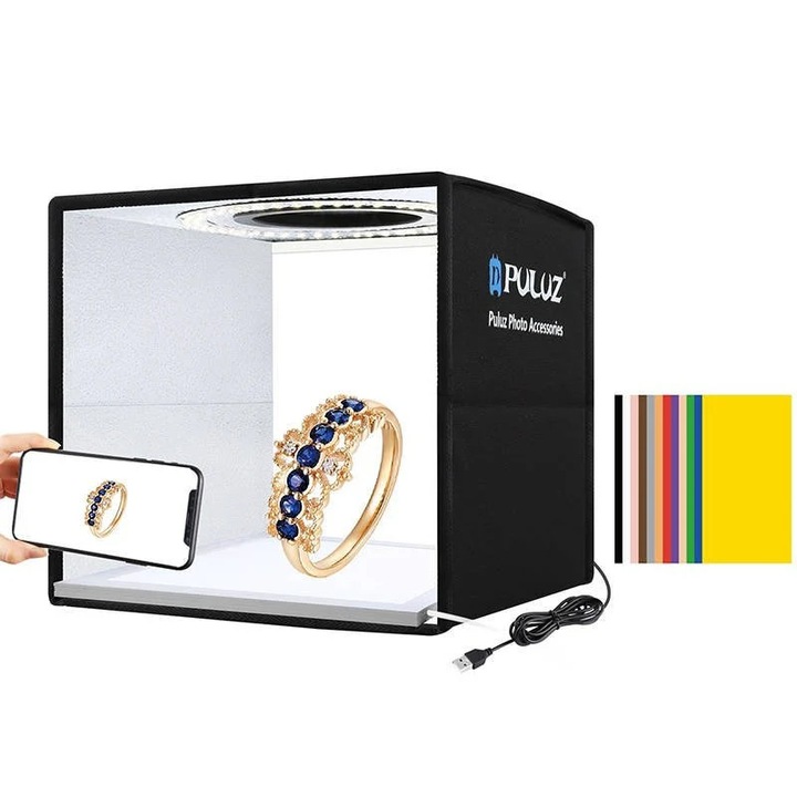 Mini studio portabil PKT3101B PULUZ, LED-uri incorporate, Panou LED Anti-Umbra, fundaluri multiple, fotografie/mini-filmulete de produs, 25x25cm, Negru