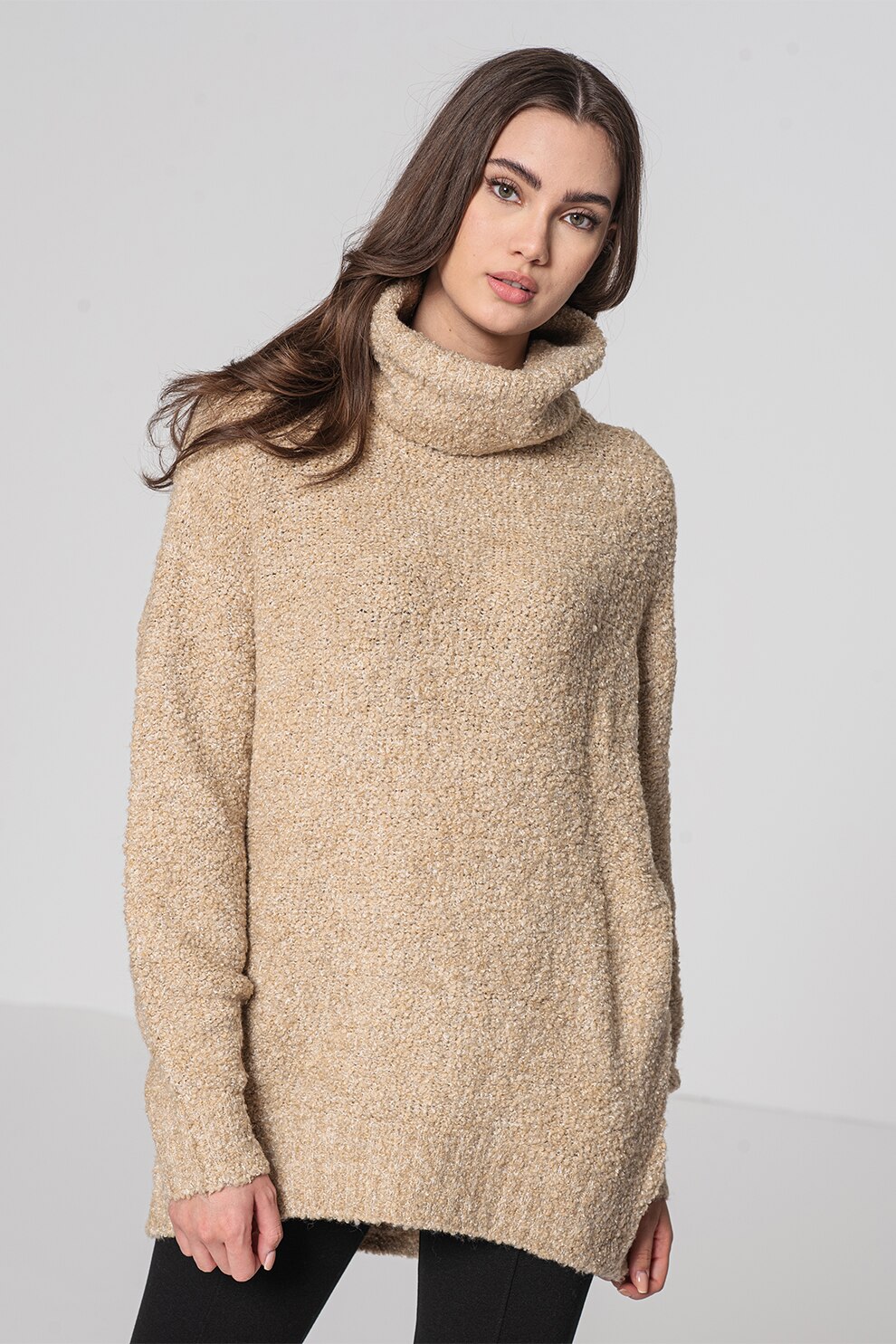 GAP, Pulover cu model lung si guler inalt, Maro camel