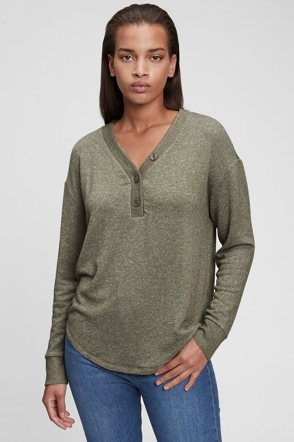 GAP, Bluza Henley cu decolteu in V, Verde militar