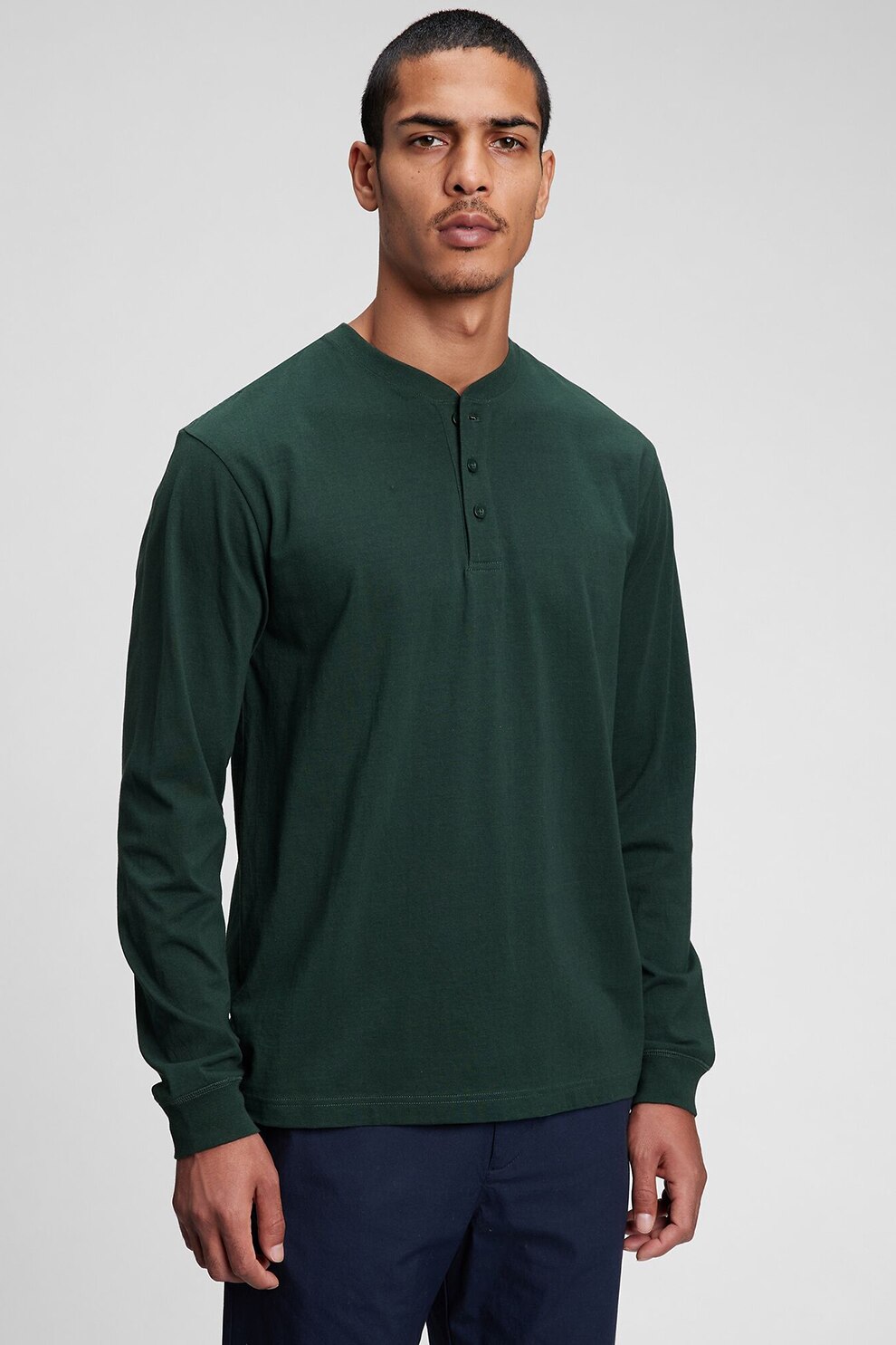 GAP, Bluza de bumbac cu decolteu Henley, Verde englez