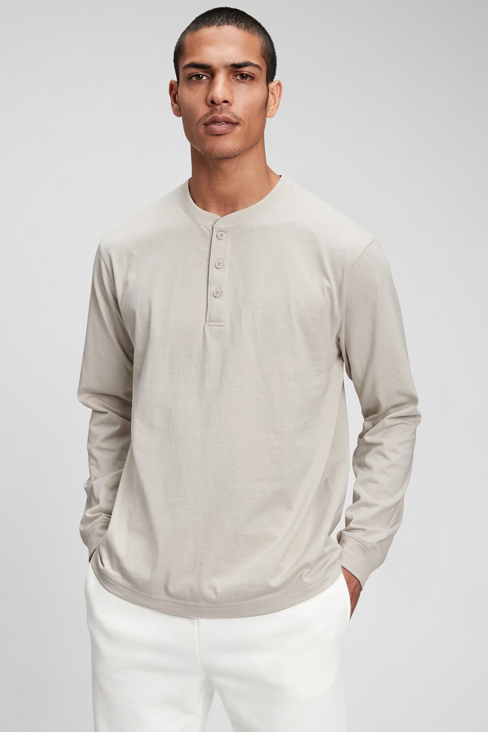 GAP, Bluza de bumbac cu decolteu Henley, Alb prafuit