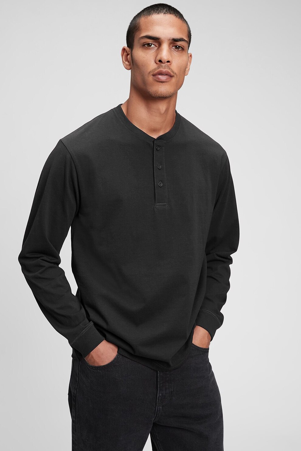 GAP, Bluza de bumbac cu decolteu Henley 000710034, Negru