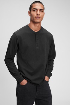 GAP, Bluza de bumbac cu decolteu Henley, Negru GAP, Bluza de bumbac cu decolteu Henley, Negru