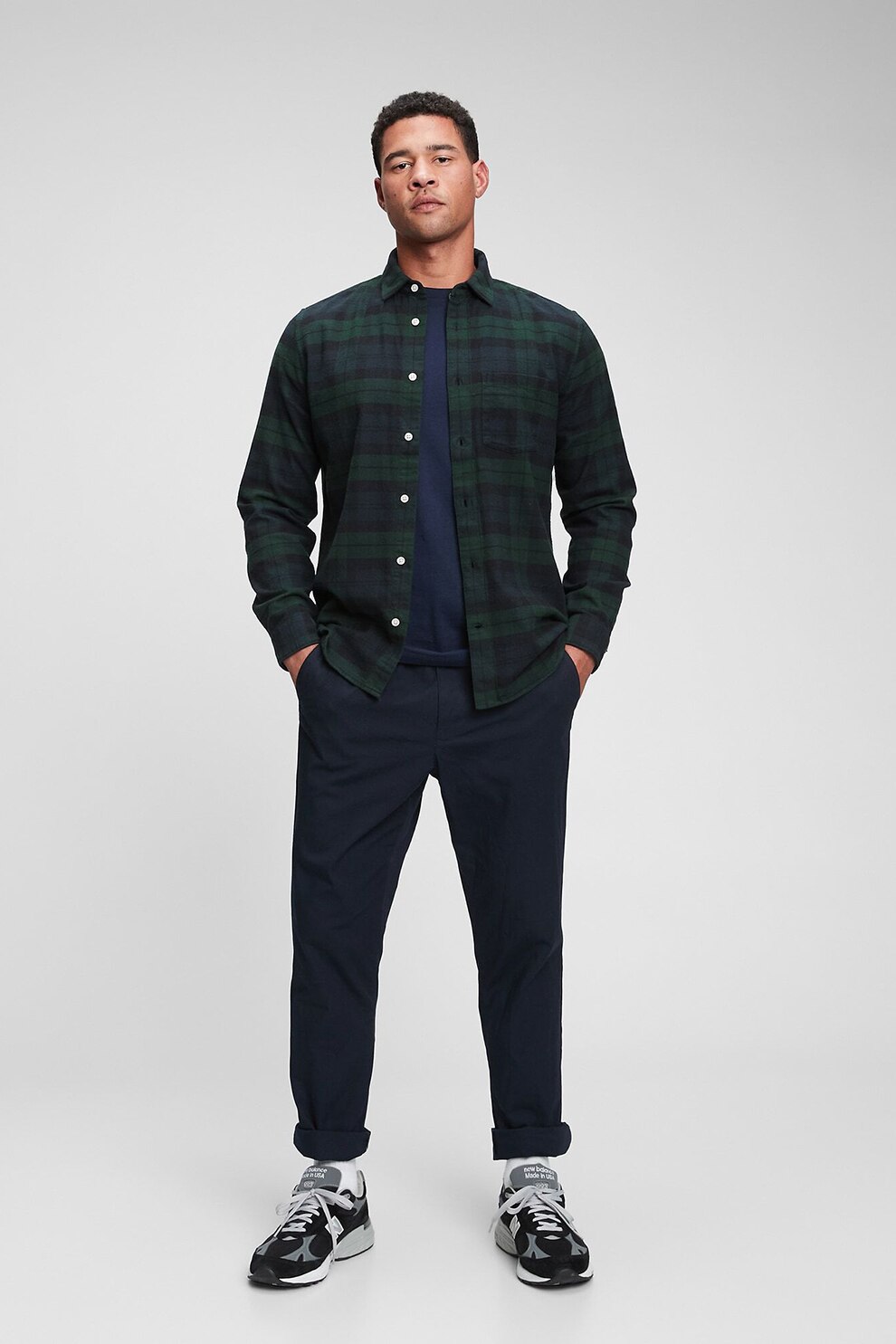 GAP, Camasa de bumbac organic cu buzunar aplicat, Verde inchis/Negru