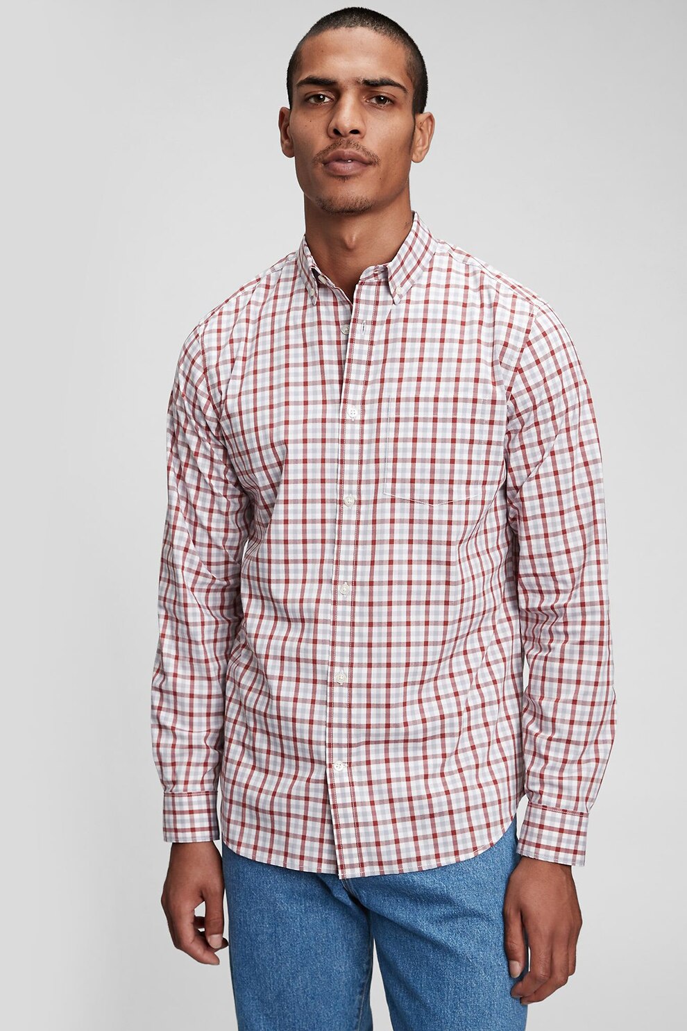 GAP, Camasa cu imprimeu si buzunar aplicat, Alb prafuit/Rosu/Albastru