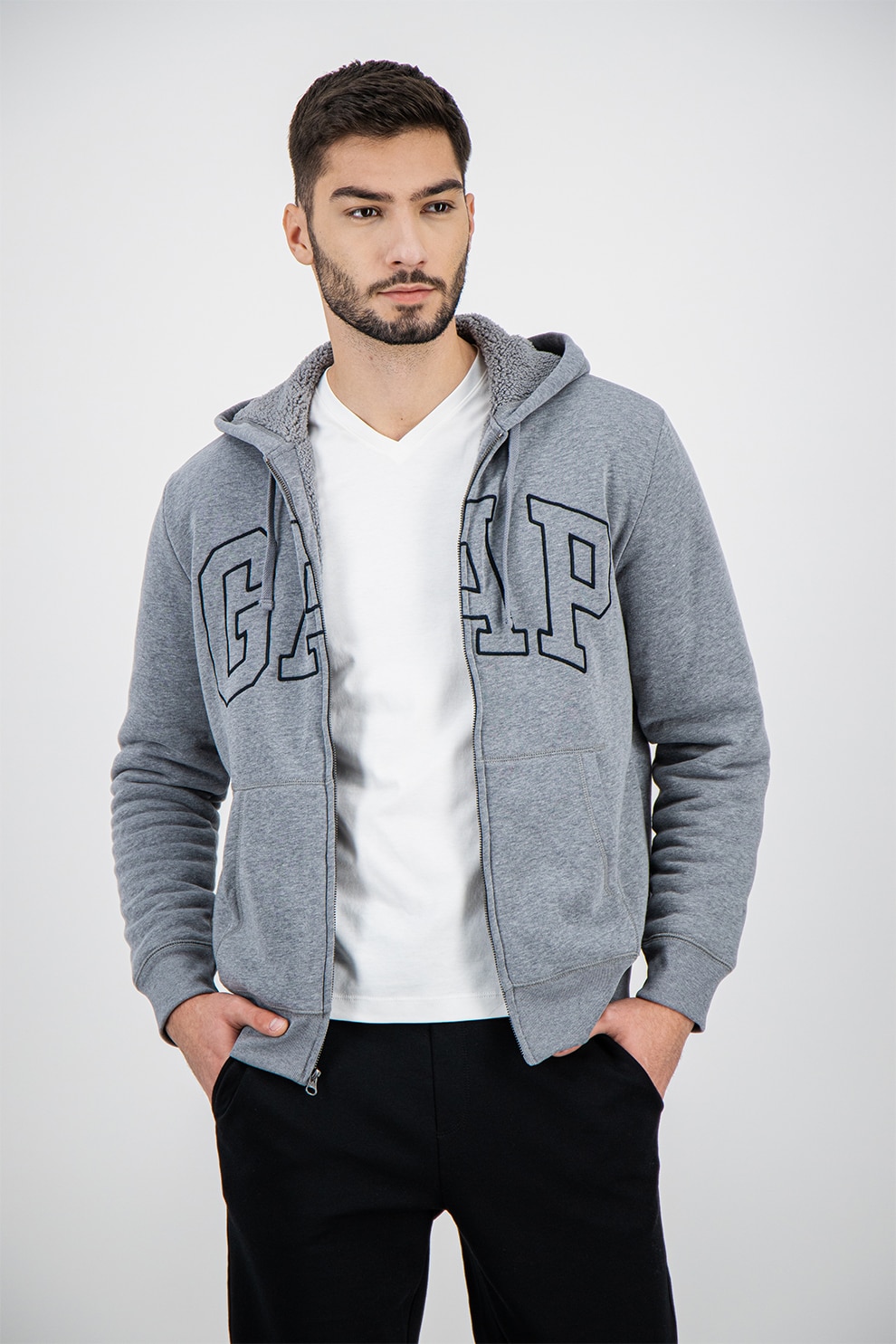 GAP, Hanorac cu fermoar si logo brodat, Gri inchis melange/Negru