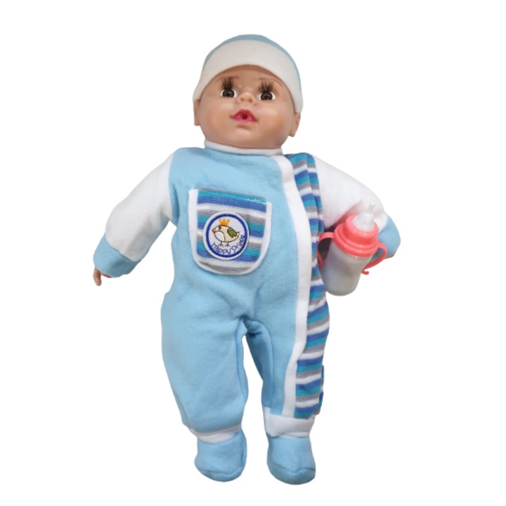 Jucarie Bebelus cu biberon care lumineaza si rade, 37cm, Bleu