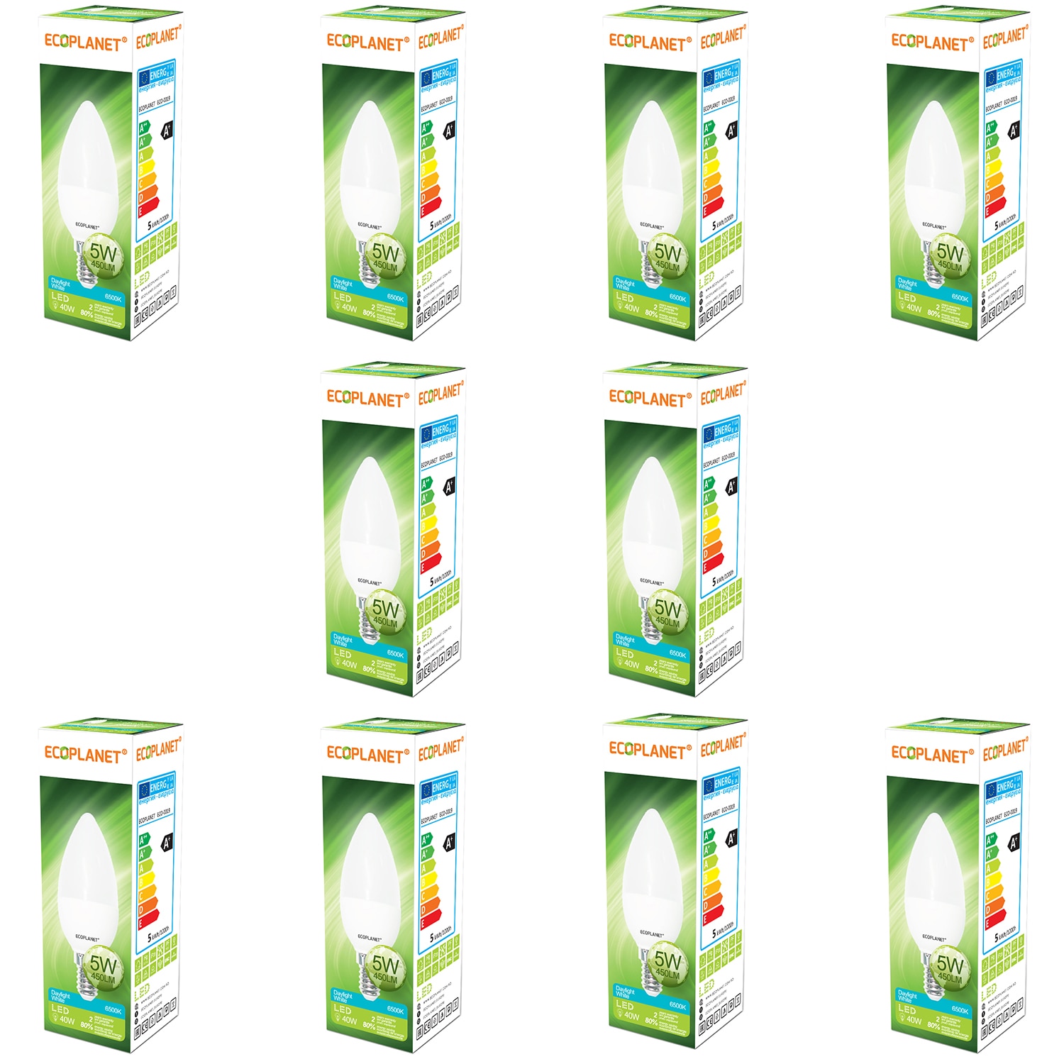 Set 10 buc - Bec LED Ecoplanet lumanare C35, E14, 5W (40W), 450 LM, F, lumina rece 6500K, Mat