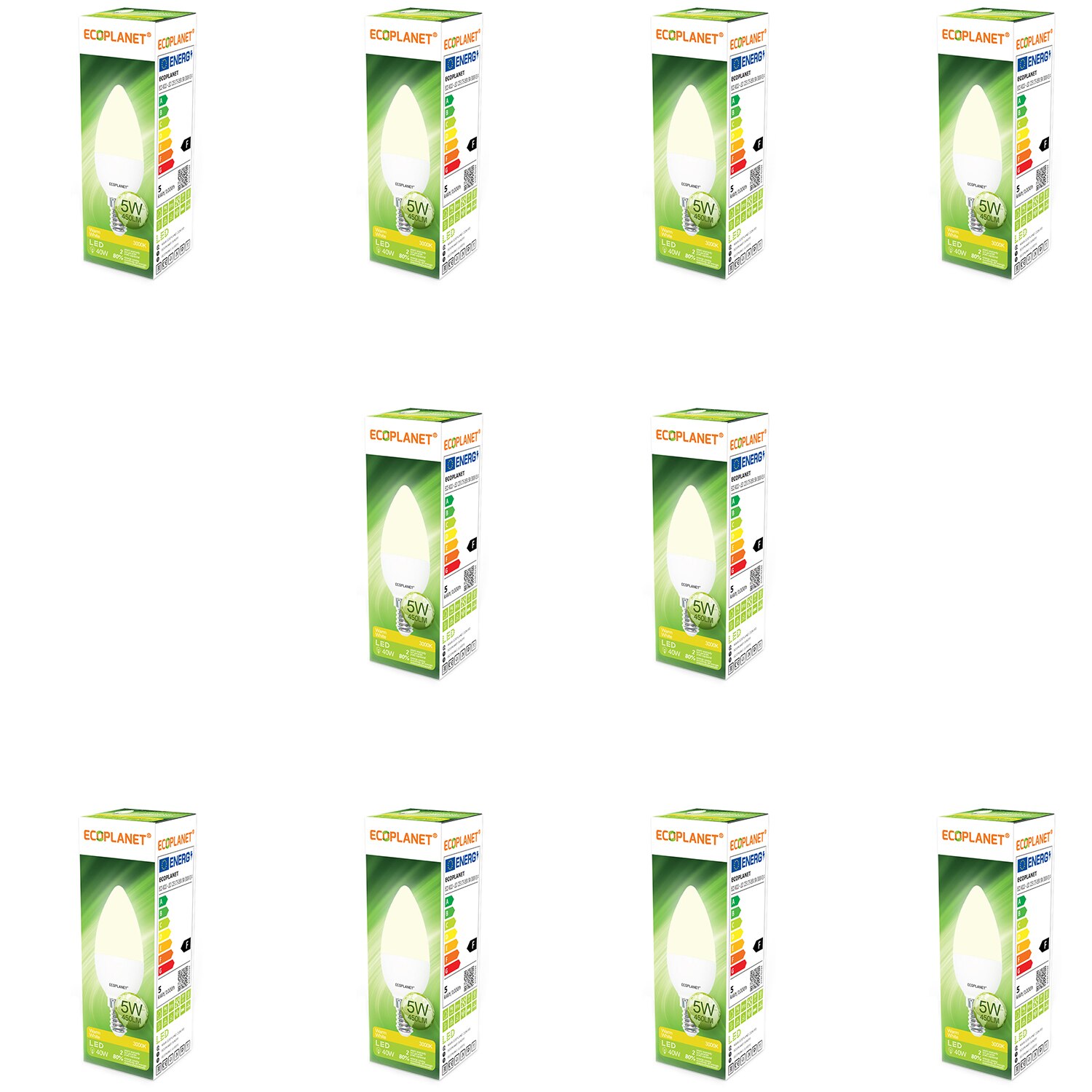 Set 10 buc - Bec LED Ecoplanet lumanare C35, E14, 5W (40W), 450 LM, F, lumina calda 3000K, Mat