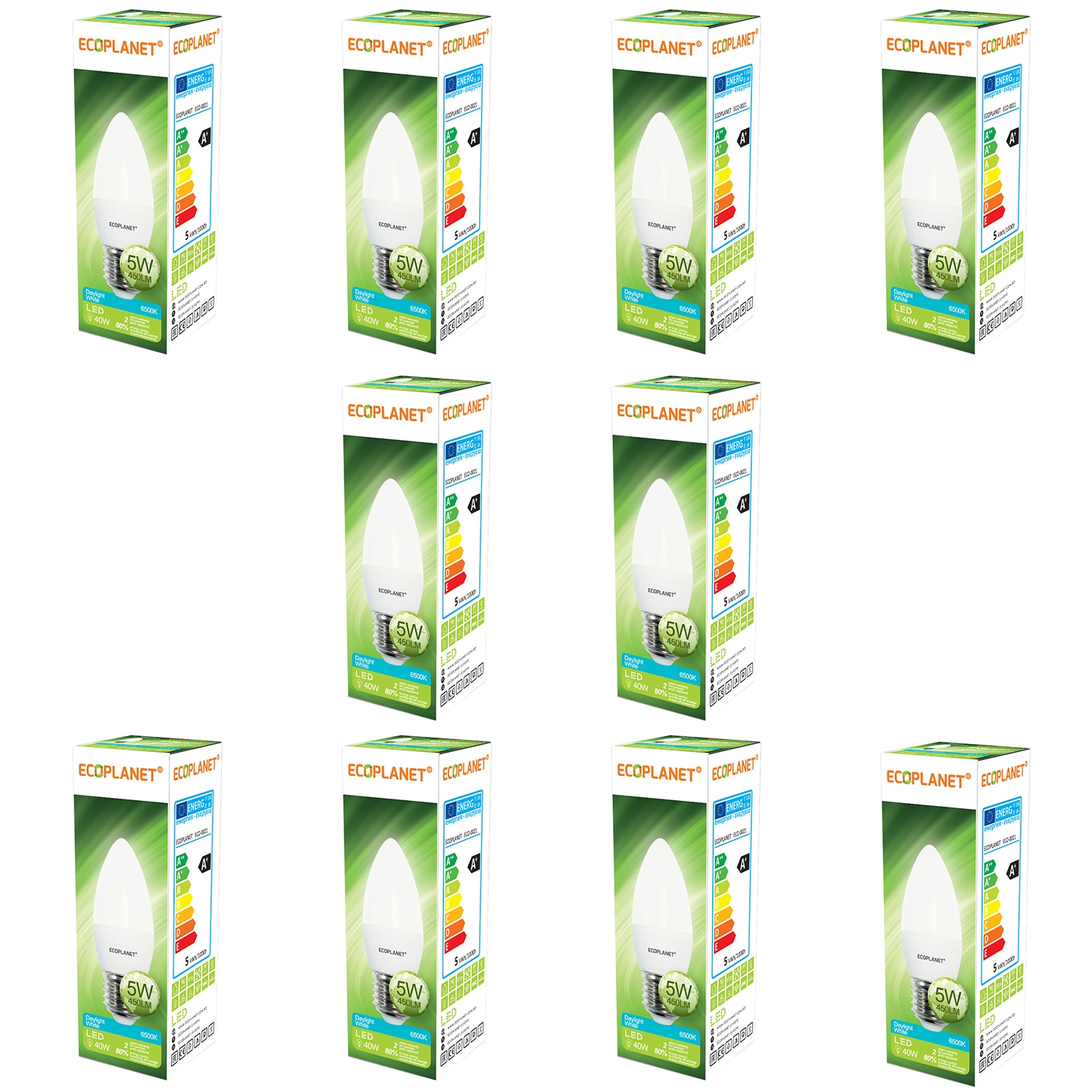 Set 10 buc - Bec LED Ecoplanet lumanare C35, E27, 5W (40W), 450 LM, F, lumina rece 6500K, Mat