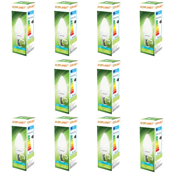 Комплект LED крушка Ecoplanet, ECO-0021X10, свещ C35, E27, 5W (40W), 450 LM, F, Студена светлина 6500K, Мат, 10 броя
